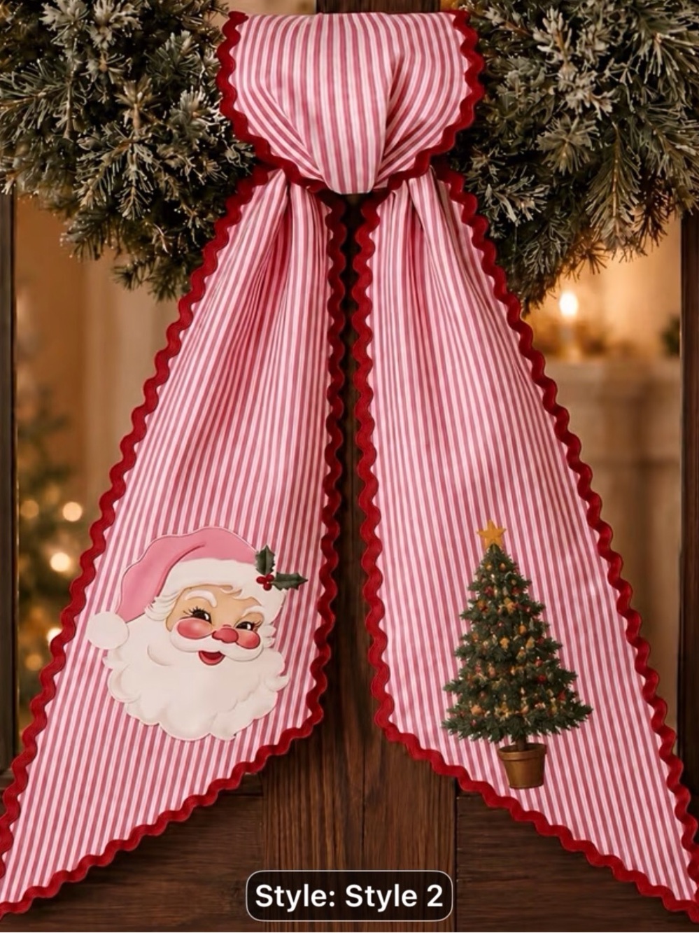 Holiday/Christmas Wreath Sash Red/White Stripe Santa and Tree NEW